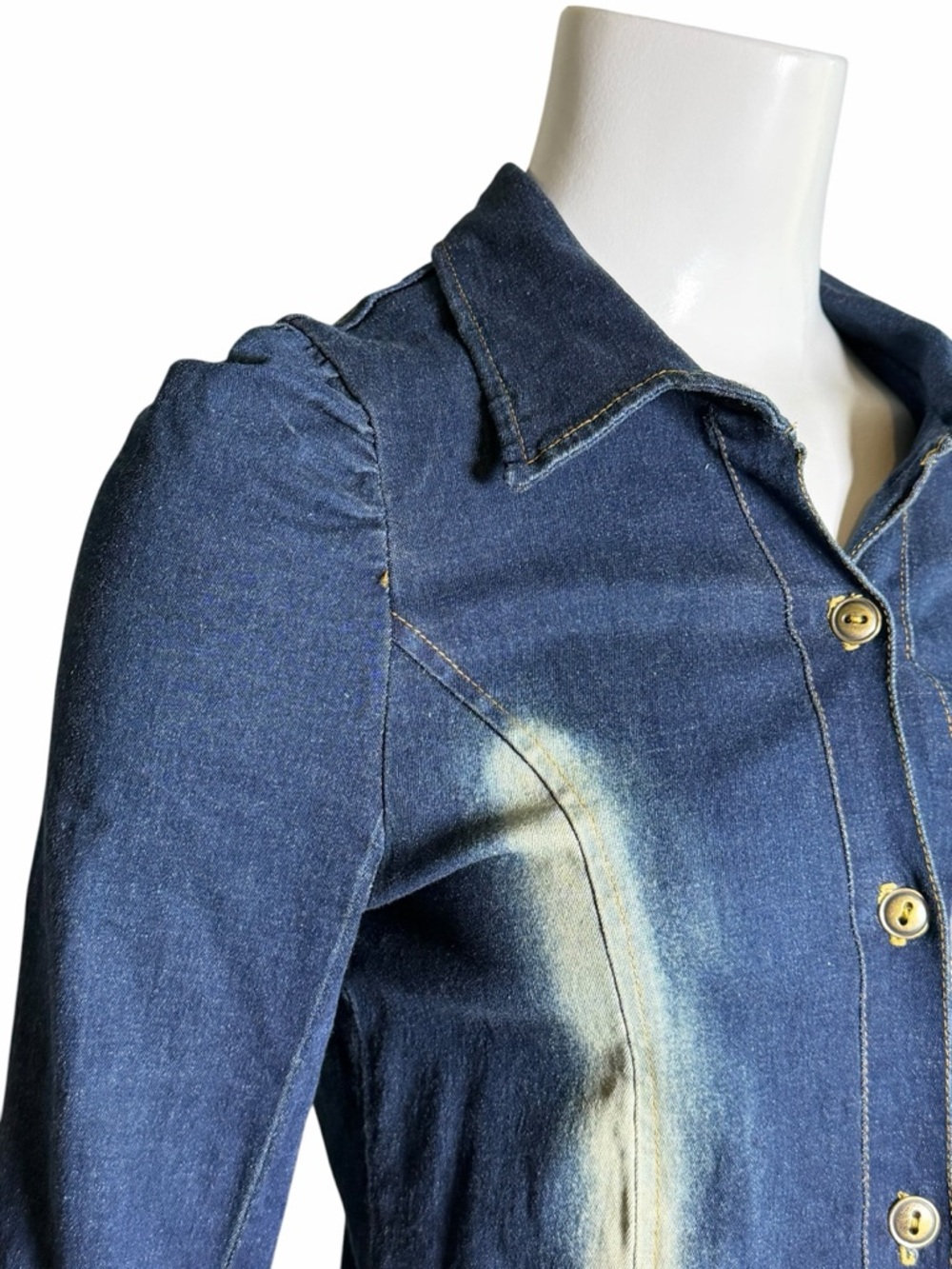 Un Deux Trois Denim Midi Dress Button Front Bleach Wash Panel USA Size 12 - Picture 4 of 11